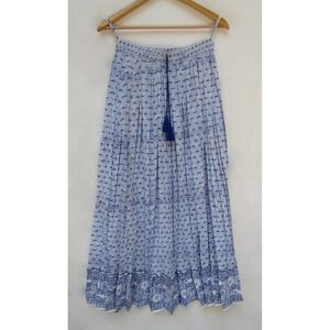Karni Blue White Block Print Maxi Skirt Elastic Waist Tassel Boho Free Size